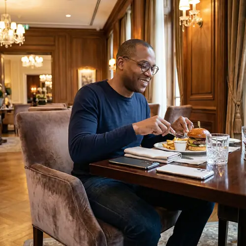 Luxurious Five-Star Hotel Scene with Stylish Black Man Dining