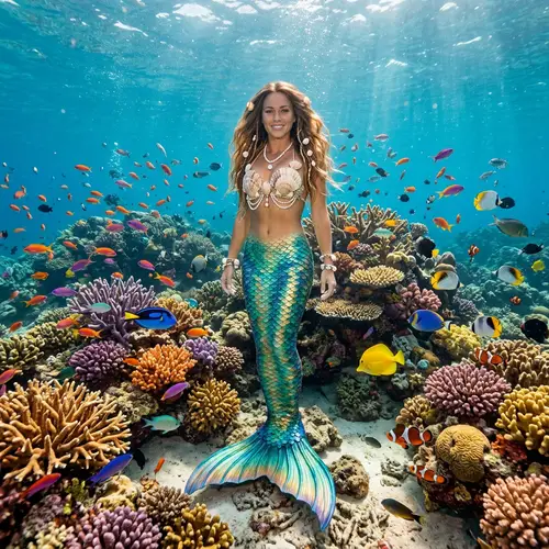 Beautiful Mermaid Standing in Ocean | Coral Reefs & Fish