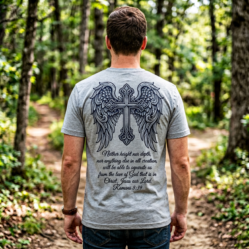 Faith Tees Logo Cross Wings T-Shirt with Romans 8:39 Verse | AI
