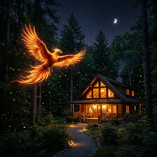 Majestic Wooden House in Enchanted Forest - Tranquil Night Scene