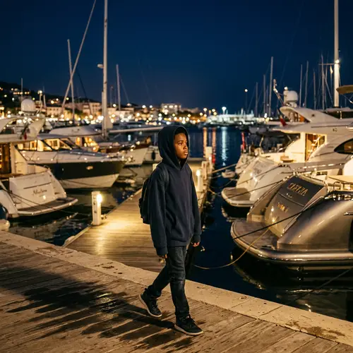 Afro-American Boy at Night by Luxury Boats