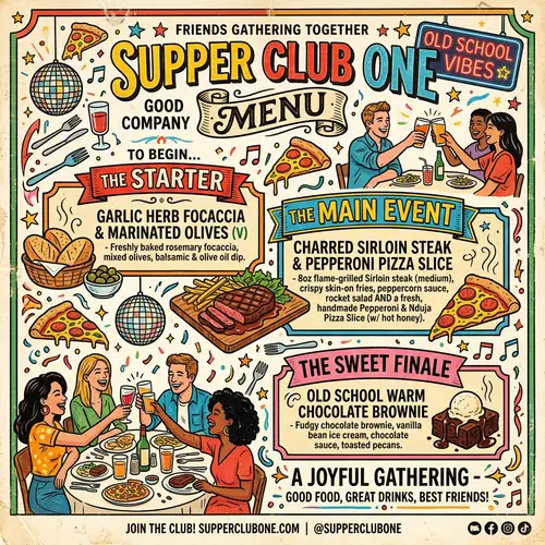 Vibrant Supper Club Menu: Pizza & Steak Delights