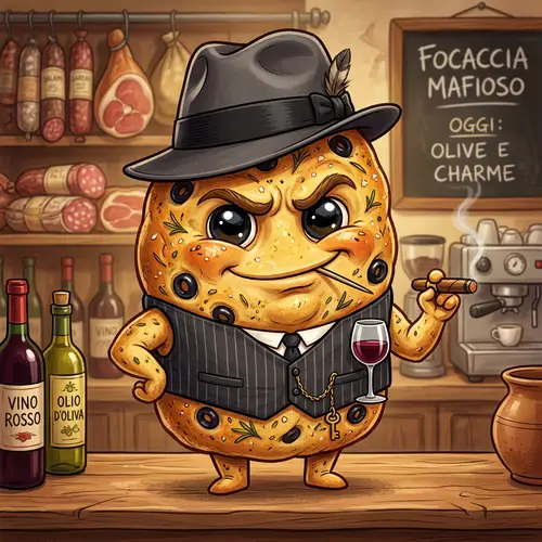 Italian Gangster Black Olive Focaccia Caricature