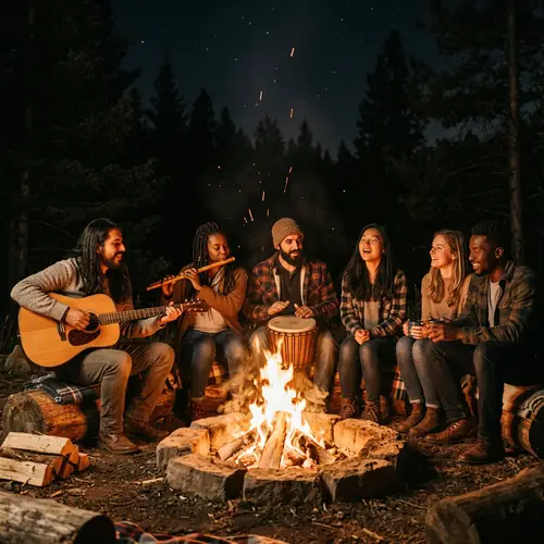 Diverse Group Creating Harmonious Music Around Bonfire