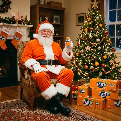 Santa Claus in Orange Suit with Fanta by Christmas Tree