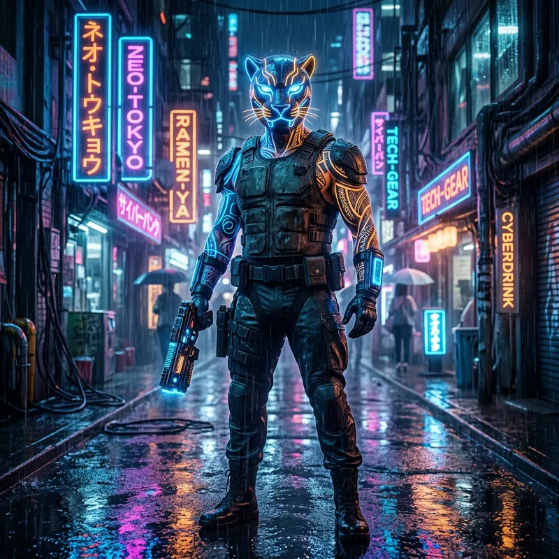 Futuristic Cyberpunk Figure in Neon Alley