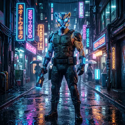 Futuristic Cyberpunk Figure in Neon Alley