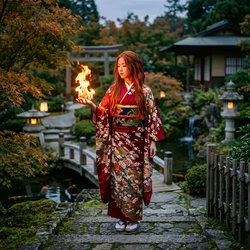 Red-Haired Girl Mastering Fire in Japanese Attire