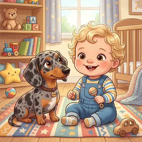 Curly Blonde-Haired Baby and Dachshund Dog | Child-Friendly Illustration