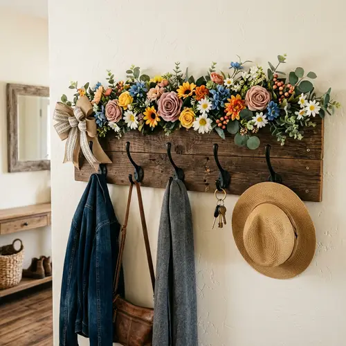 Rustic Wooden Coat Rack with Flowers and Hooks | Decorative Wall Decor