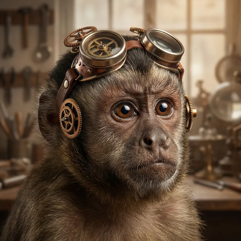 Playful Steampunk Monkey with Expressive Eyes and Intricate Gears
