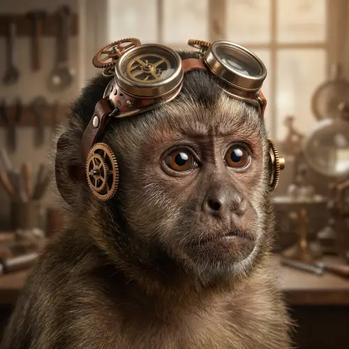 Adorable Steampunk Monkey with Detailed Mechanical Structures and Gears