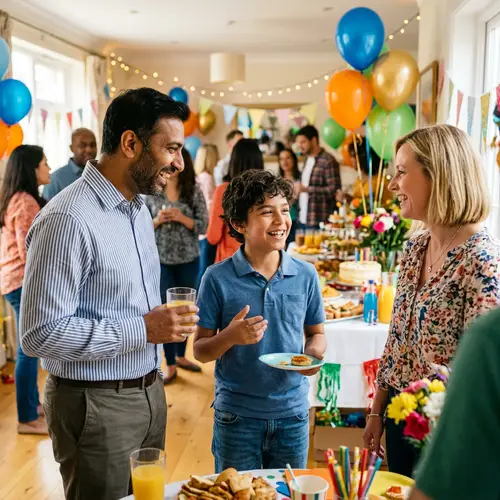 Festive Party Scene: Hispanic Boy Engaging with Guests