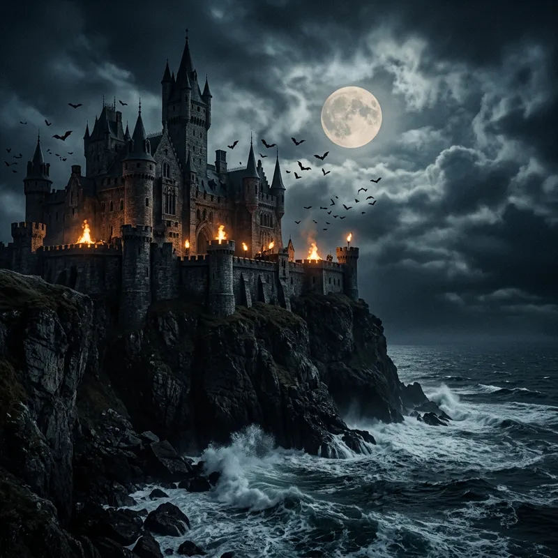 Spooky Haunted Castle by Cliff - Gothic Moonlit Scene