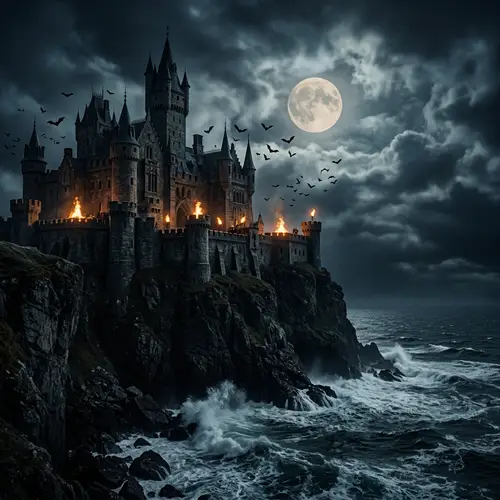 Spooky Haunted Castle by Cliff - Gothic Moonlit Scene
