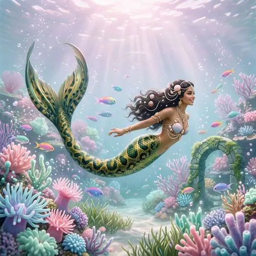 Whimsical Underwater Landscape with Middle-Eastern Mermaid
