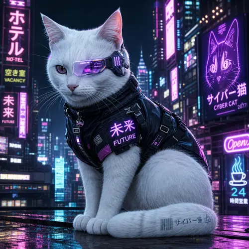 Cyberpunk White Cat: Futuristic Feline Art