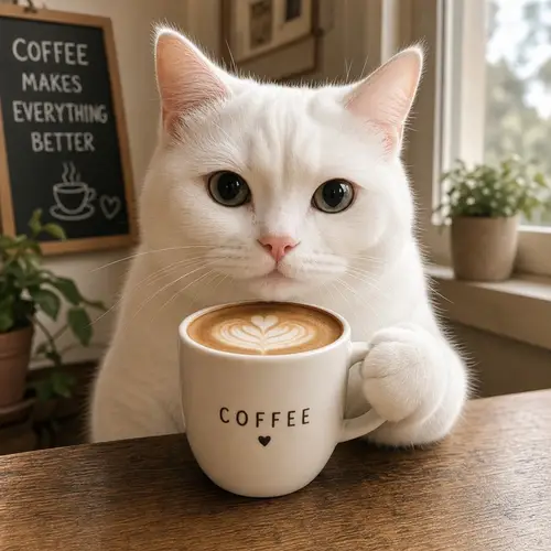 Charming White Cat Enjoying Coffee