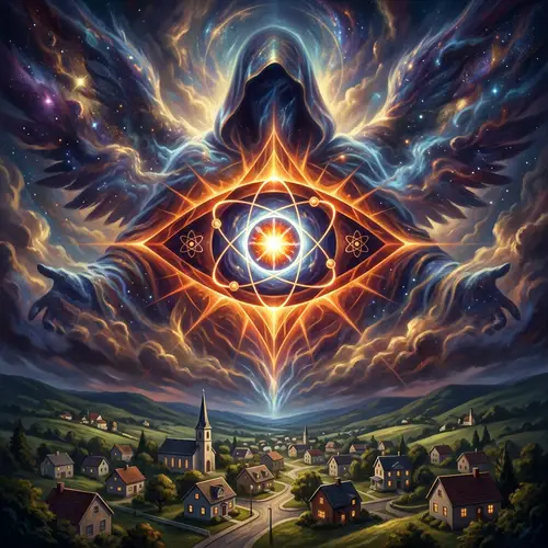 Divine Entity with Thermonuclear Eye Symbol Above Small Town