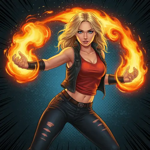 Blonde Model Channeling Pyrokinesis in Digital Art