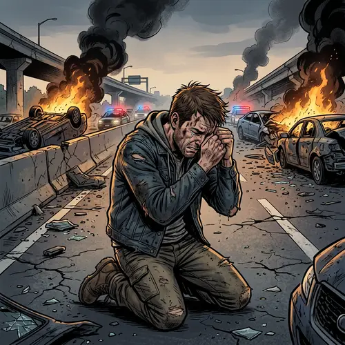 Emotional Comic Art: Man in Despair Amid Wreckage