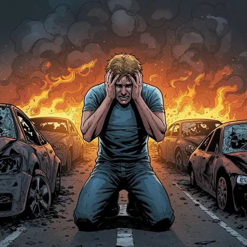 Emotional Comic Art: Man in Despair Amid Wreckage