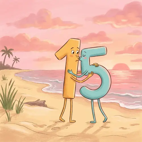 Romantic Sunset Kiss on Beach | Digit Figures 1 & 5 Illustration
