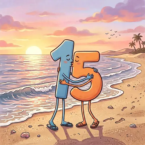 Romantic Number 15 at Beach Setting - Sunset Kiss Cartoon