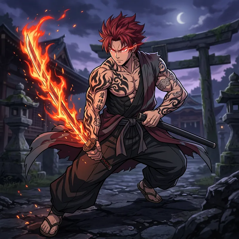 Intense Anime Swordsman with Flaming Katana | Red Hair, Tattoos Intense Anime Swordsman with Flaming Katana | Red Hair, Tattoos