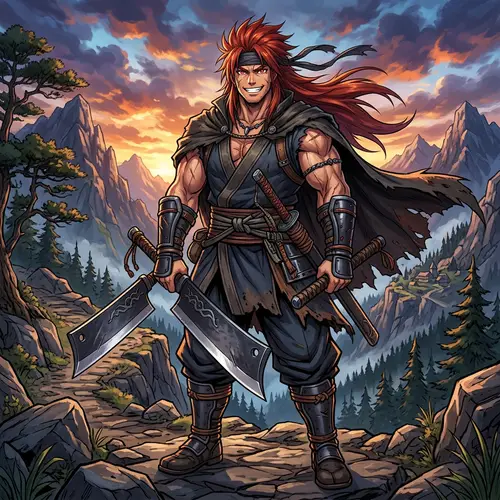 Fiery Red-Haired Anime Swordsman with Dual Cleavers