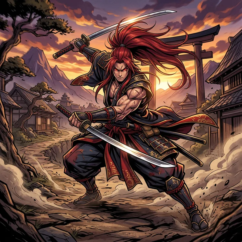 Muscular Anime Swordsman | Red-Haired Dual Katana Warrior