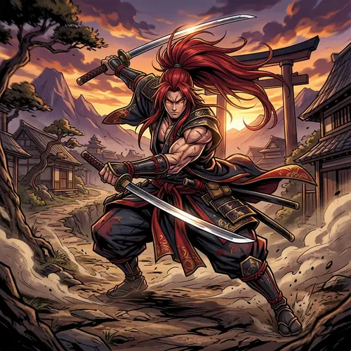 Muscular Anime Swordsman with Dual Katanas | Red-Haired Warrior