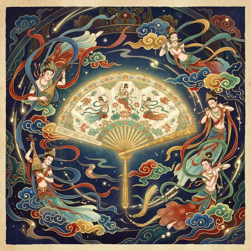 Dreamy Dunhuang Style Pale Color Fan with Apsaras and Auspicious Clouds