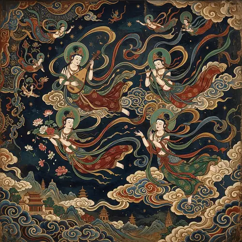 Dunhuang Style Heavenly Beings: Flying Amidst Ribbons & Clouds