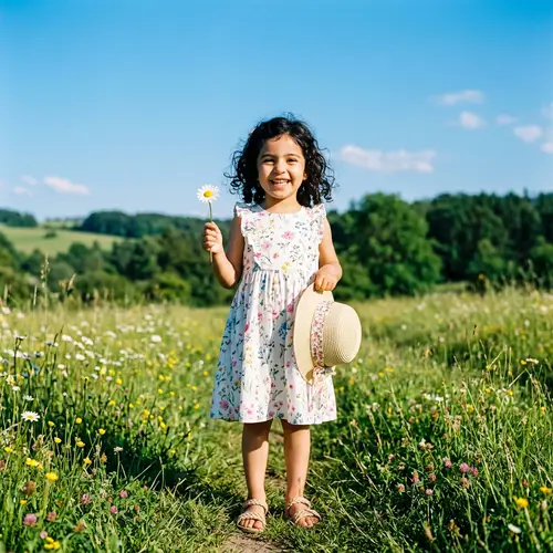 Adorable Middle Eastern Girl in White Dress with Daisy and Sunhat