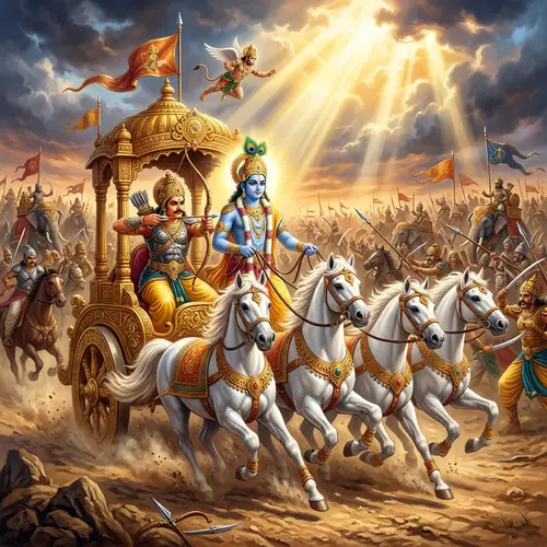Krishna Driving Arjuna's Golden Chariot Illustration