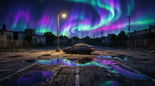 Moody Nights: Abandoned Parking Lot with Neon Sky