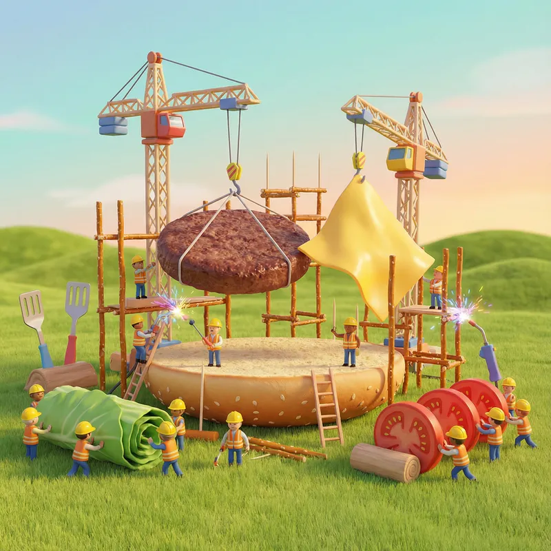 Whimsical Giant Burger Construction Scene