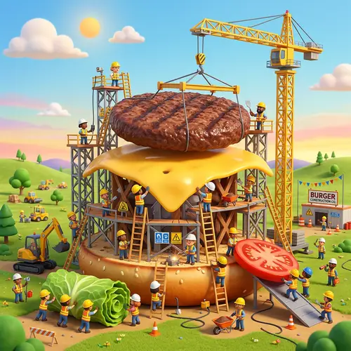 Whimsical Giant Burger Construction Scene