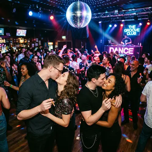 Vibrant Club Setting with Kisses and Cigars | Nightlife Scene