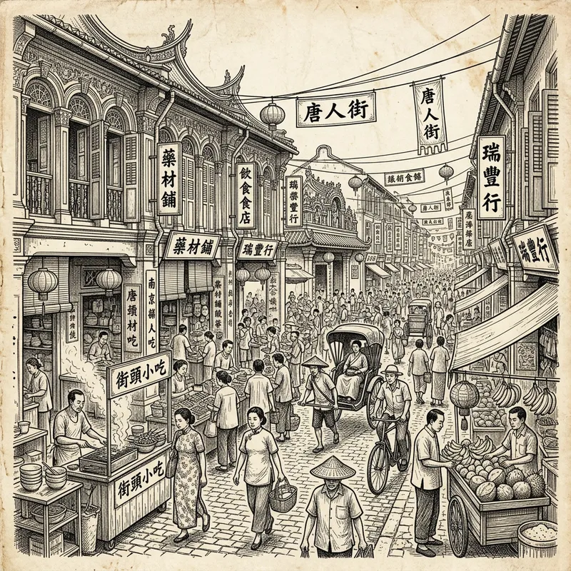 Chinatown Street Scene in Singapore: Ink Sketch Art Chinatown Street Scene in Singapore: Ink Sketch Art