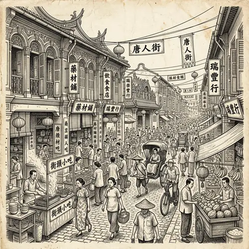 Chinatown Street Scene in Singapore: Ink Sketch Art