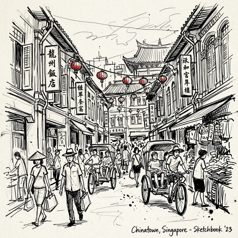 Chinatown Singapore: Whimsical Ink Sketch Art
