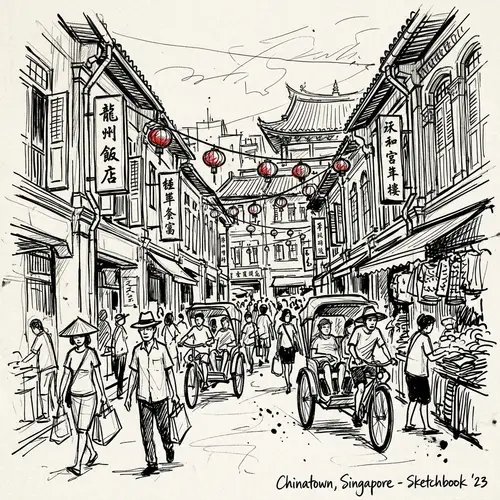 Chinatown Singapore: Whimsical Ink Sketch Art