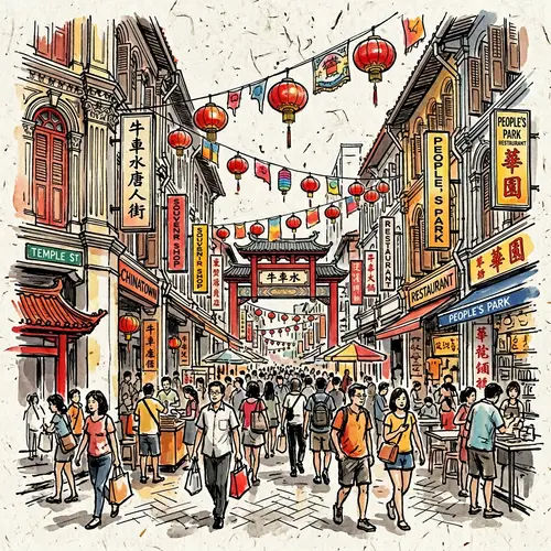 Chinatown Singapore Ink Sketch by Don Low