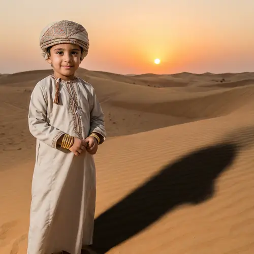 Traditional Omani Boy's Attire in Desert at Sunset