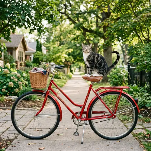 Domestic Short-Haired Cat on Red Bicycle | Lush Suburban Scene
