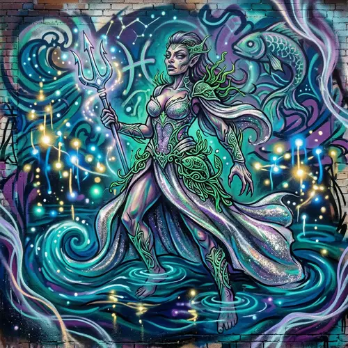 Young Pisces Warrior Woman: Glittery Fantasy in Deep Ocean Colors