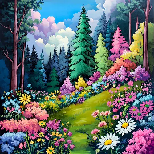 Bright Forest Flowers in Colorful Landscapes