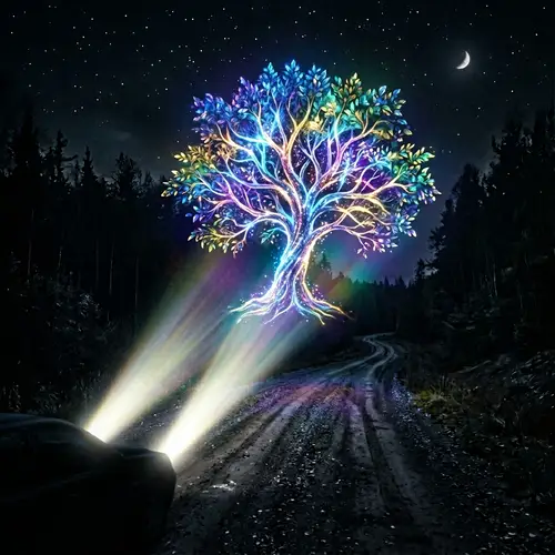 Surrealistic Tree Projection on Desolate Night Road